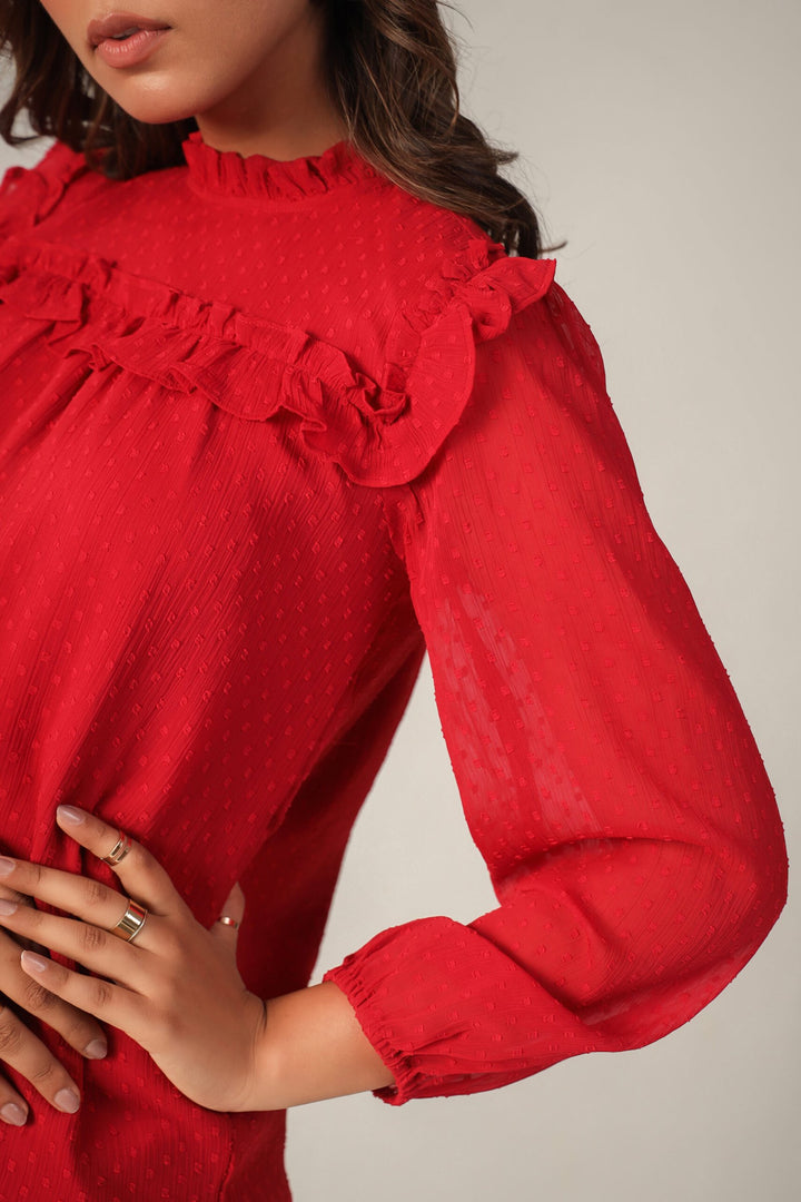Red Ruffle Round Neck Full SLeeves Chiffon Top