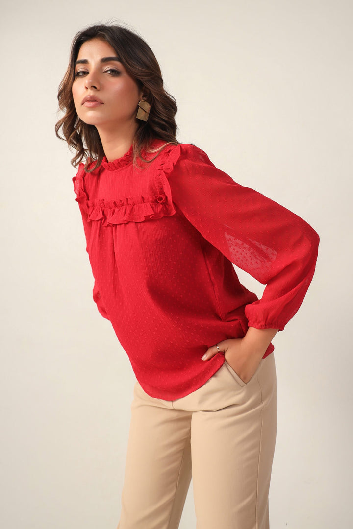 Red Ruffle Round Neck Full SLeeves Chiffon Top