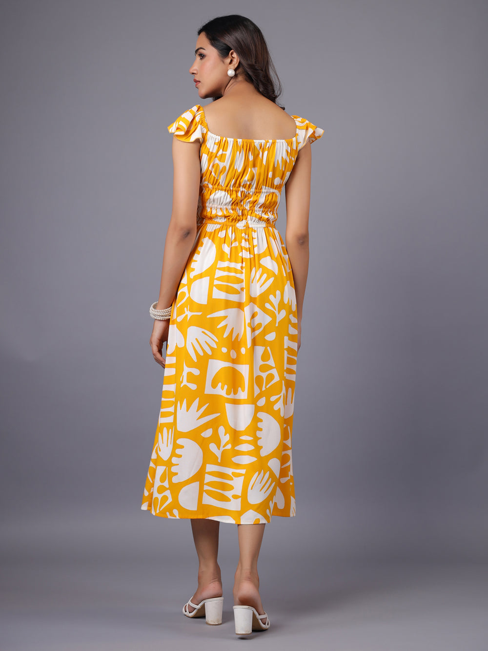 Yellow and White Tropical Printed Midi Dress Back