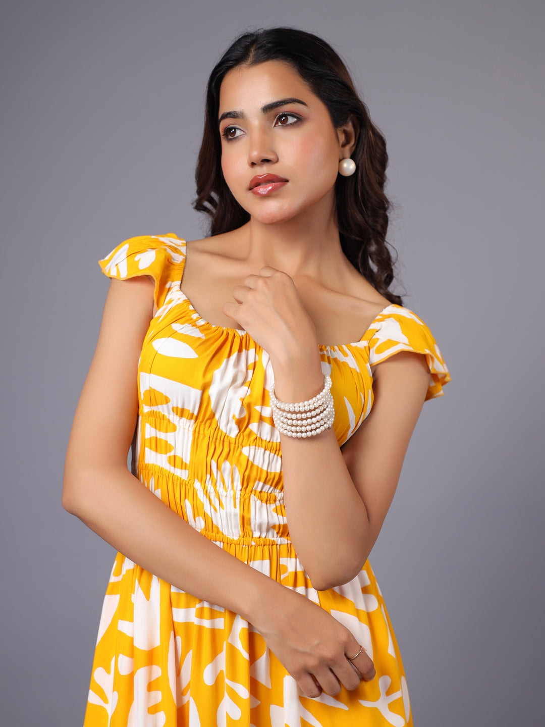 Yellow and White Tropical Printed Midi Dress