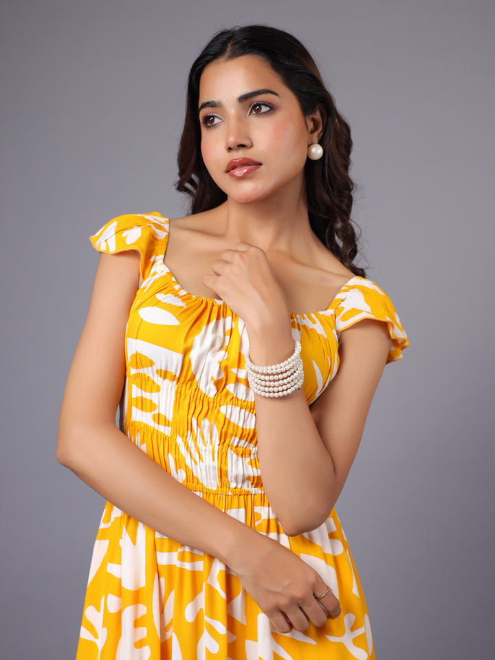 Yellow and White Tropical Printed Midi Dress