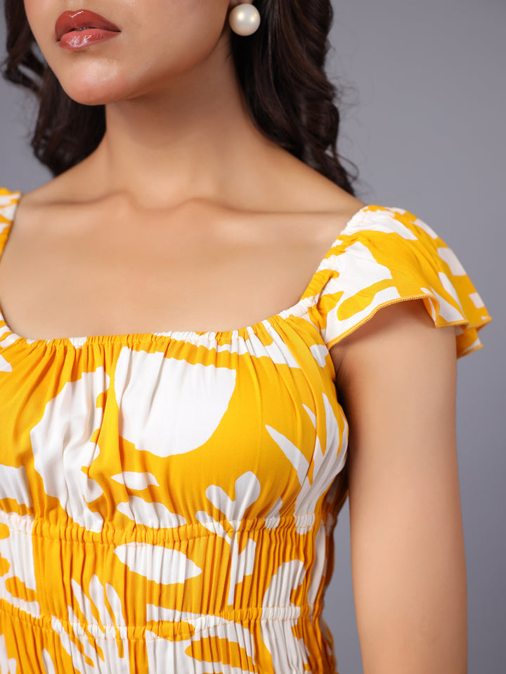 Yellow and White Tropical Printed Midi Dress