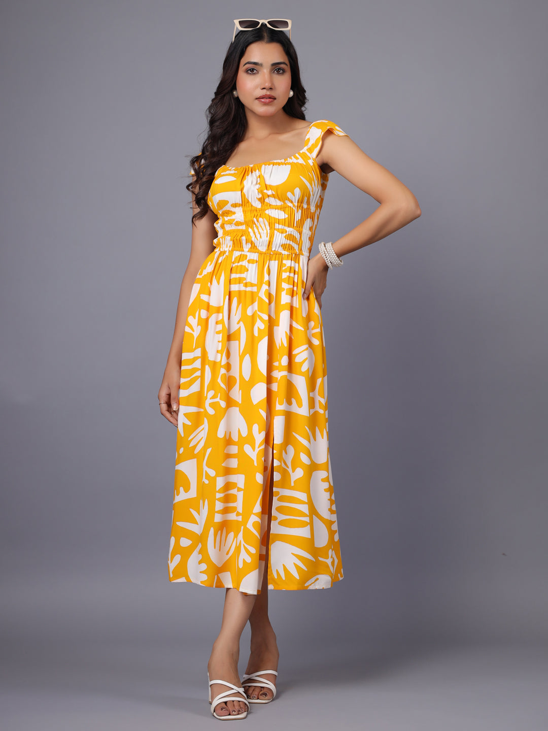 Yellow and White Tropical Printed Midi Dress Front