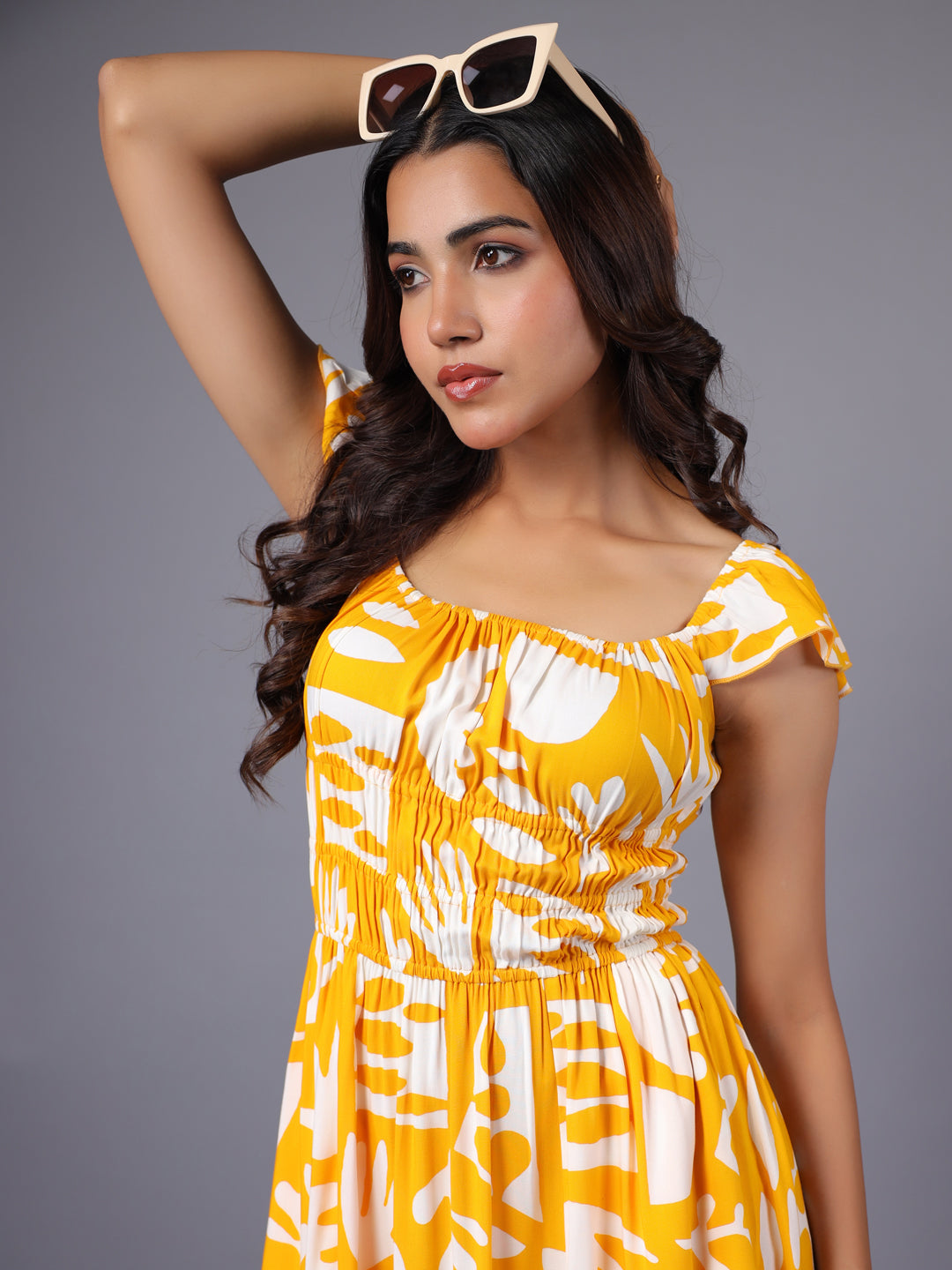 Yellow and White Tropical Printed Midi Dress