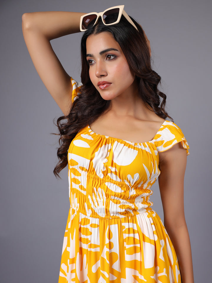 Yellow and White Tropical Printed Midi Dress
