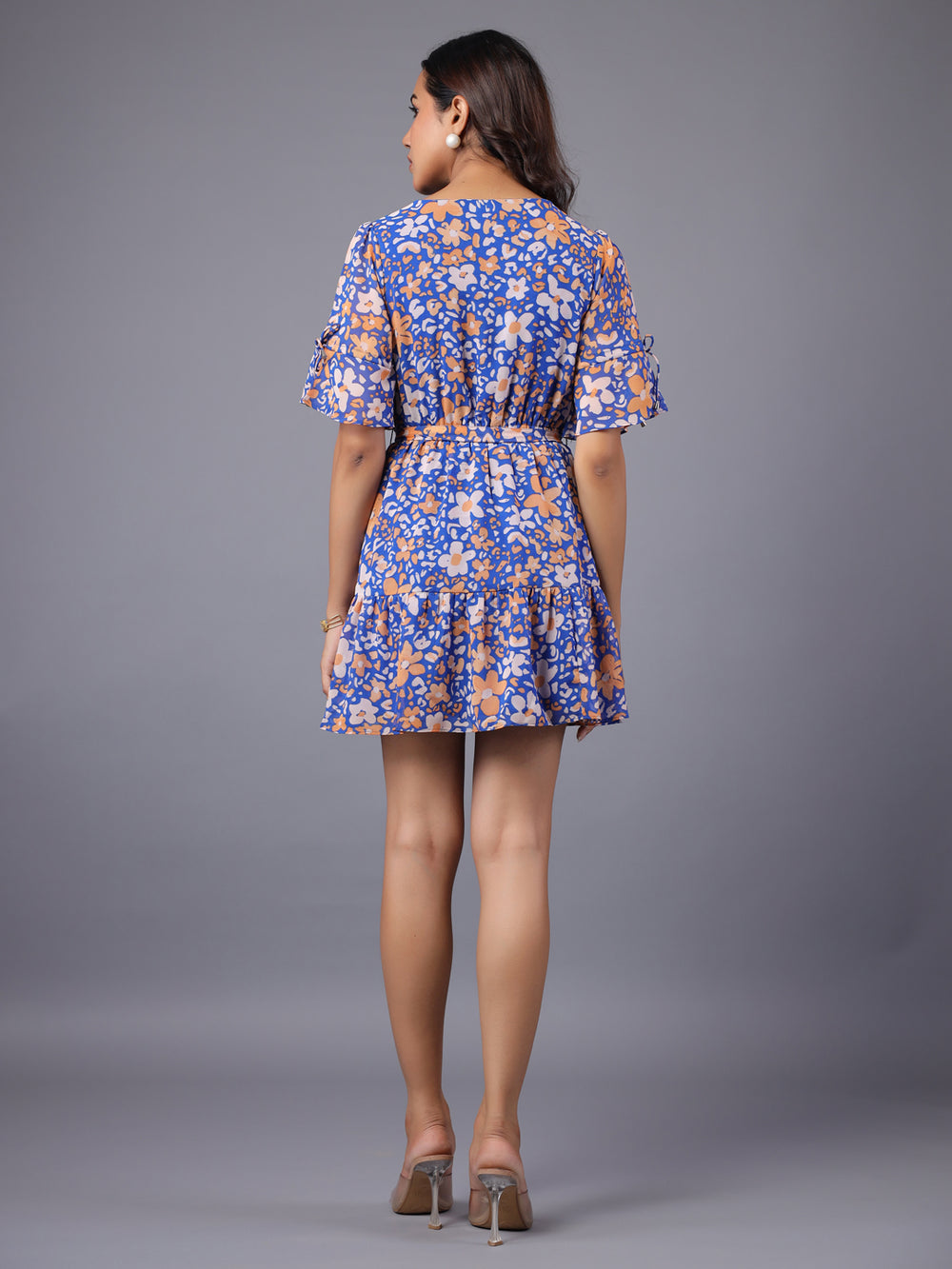 Blue White and Orange Wrap Mini Dress Back