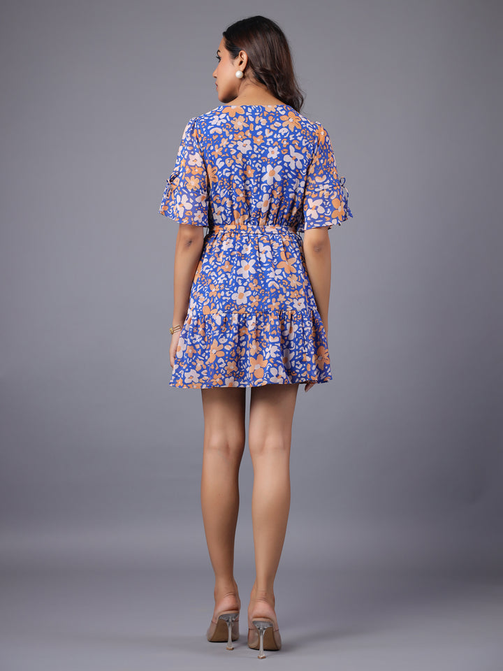 Blue white and orange Wrap Mini Dress