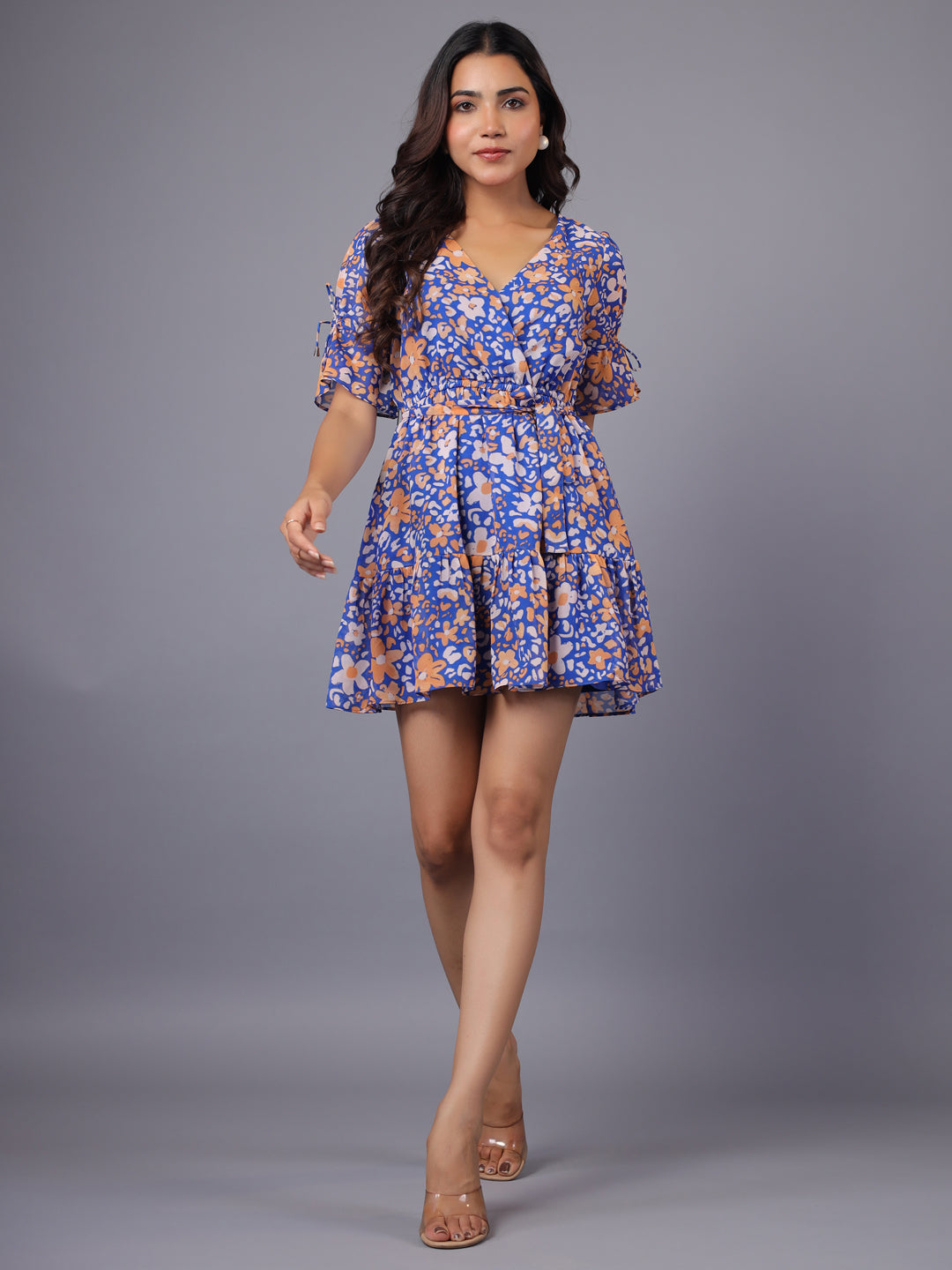 Blue White and Orange Wrap Mini Dress Full Front