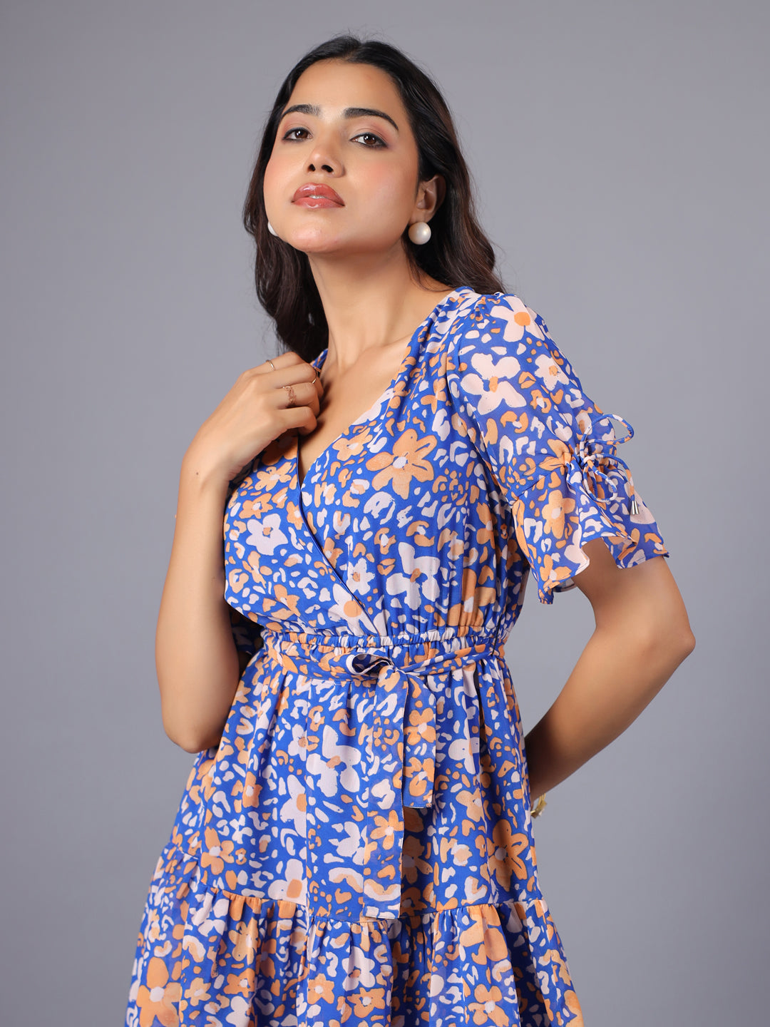 Blue white and orange Wrap Mini Dress
