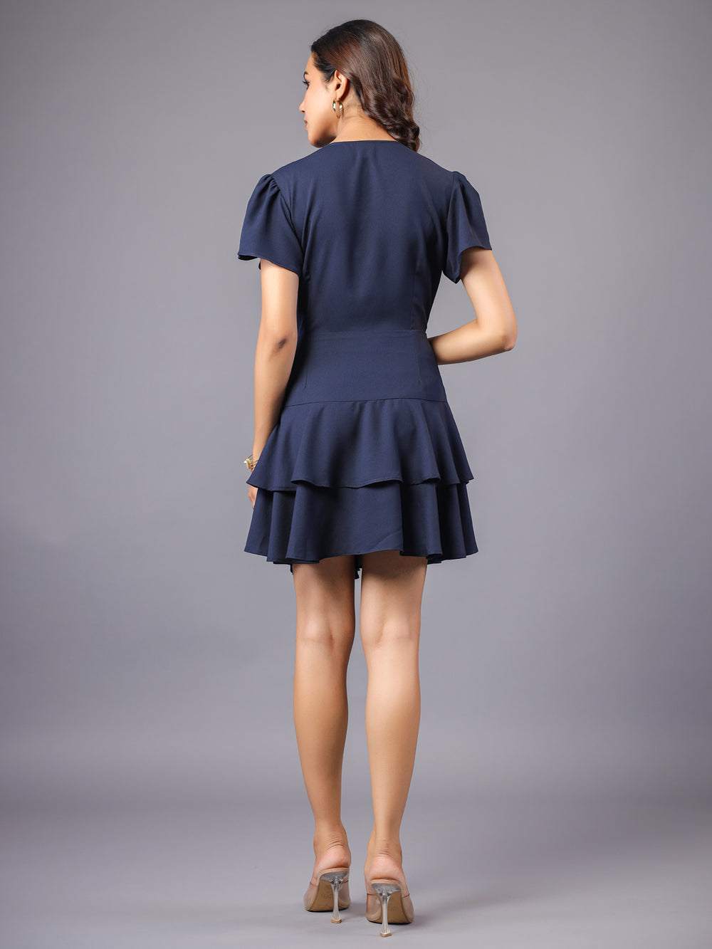 Deep Blue Wrap Ruffle Mini Dress Back