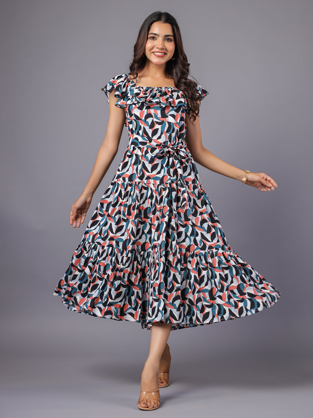 Multicolor Ruffle Midi Dress Flare Front