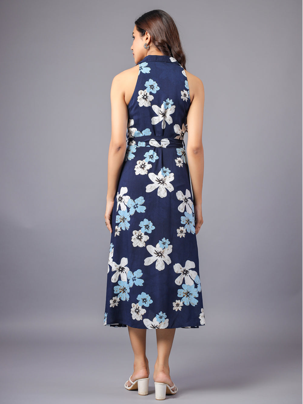 Blue Big Floral Printed Button Down Midi Shirt Dress Back