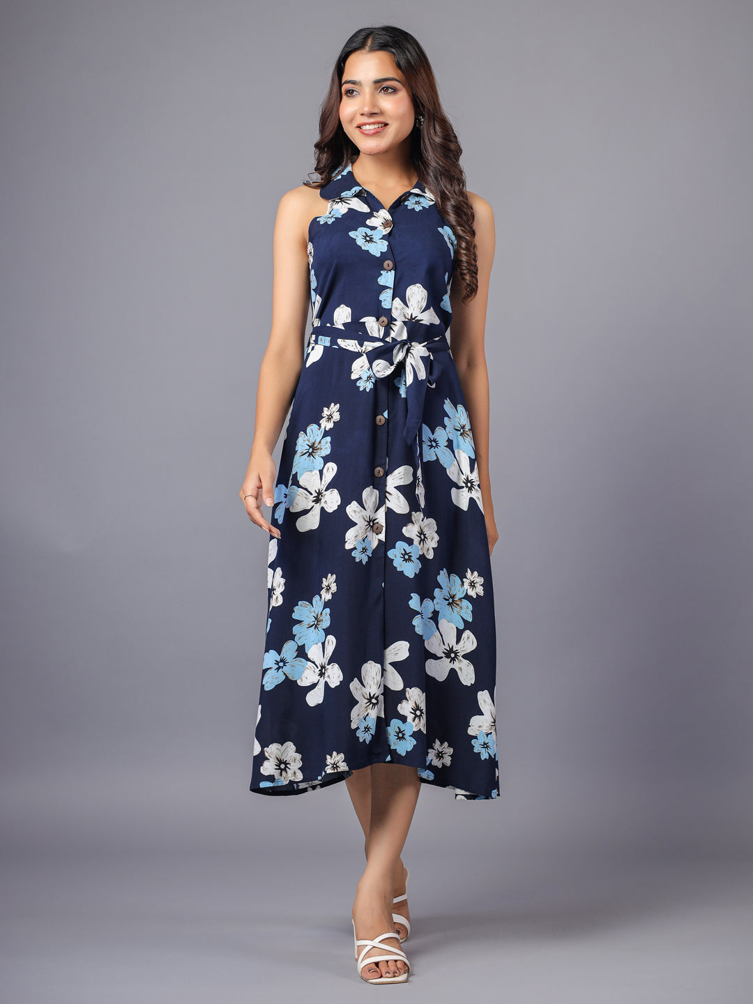 Blue Big Floral Printed Button Down Midi Shirt Dress Full Front