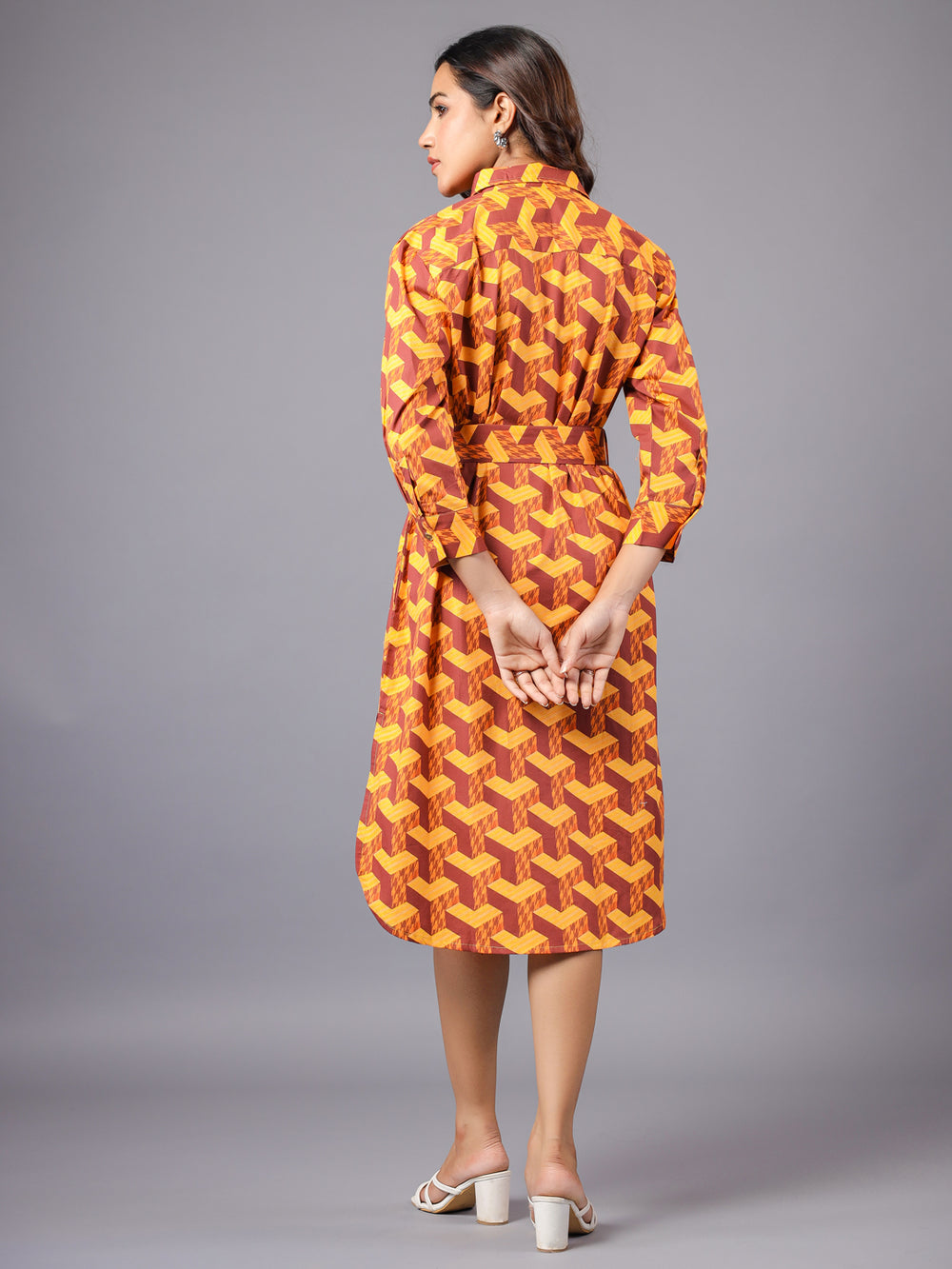 Brown and Mustard Geometric Printed Belted Midi Shirt Dress Back