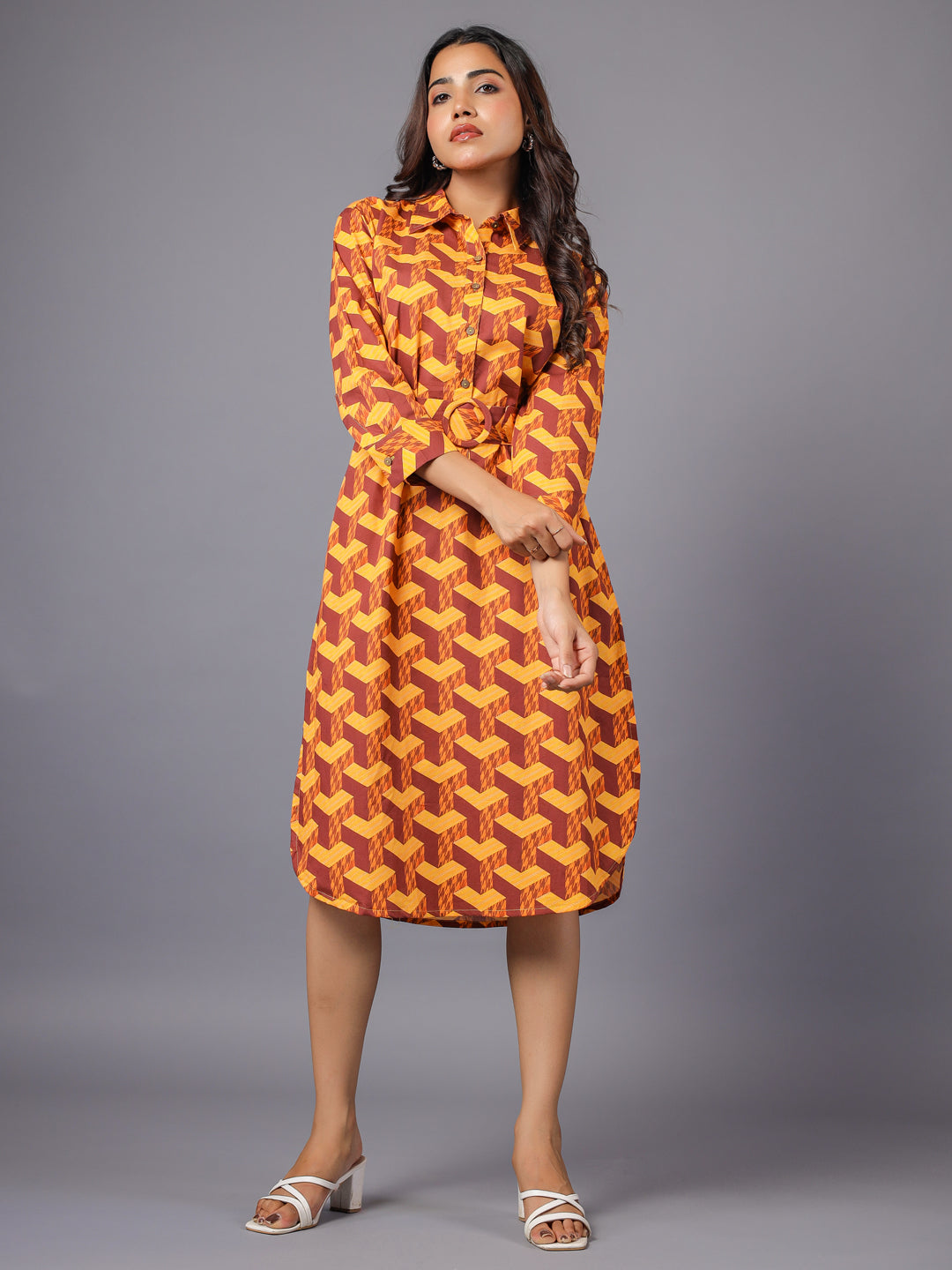 Brown and Mustard Geometric Printed Belted Midi Shirt Dress Front