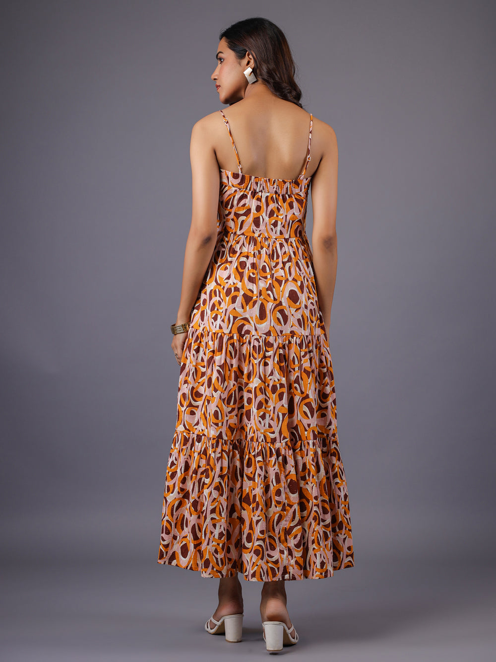 Beige and Brown Abstract Print Strappy Tiered Maxi Dress Back