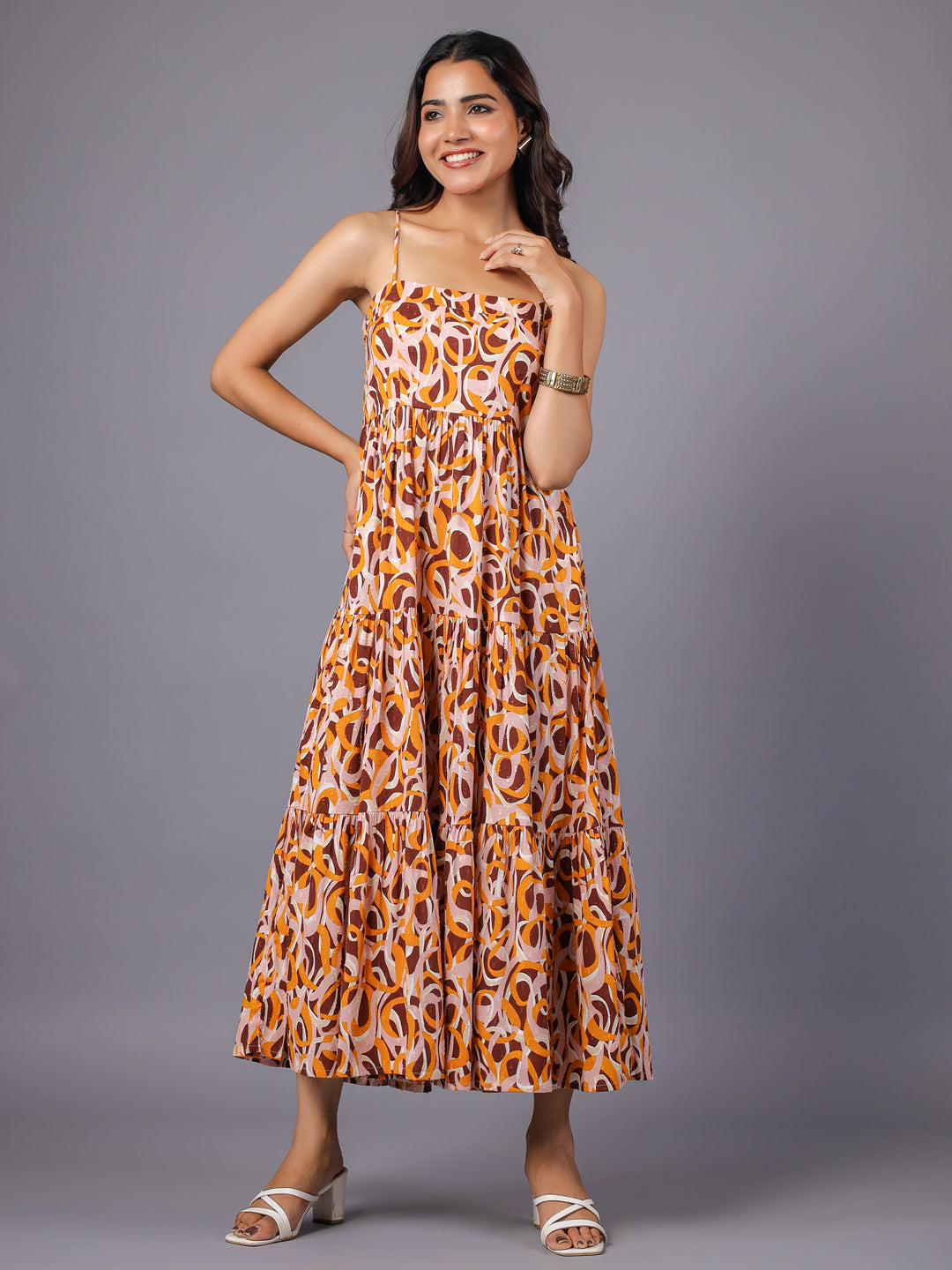 Beige and Brown Abstract Print Strappy Tiered Maxi Dress Front