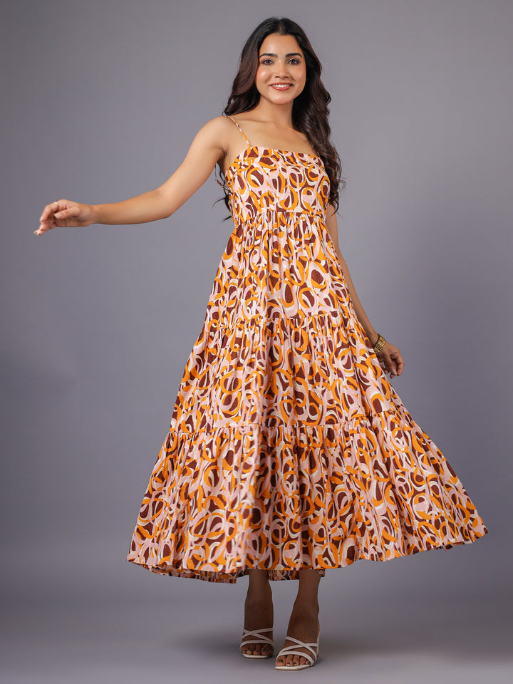Beige and Brown Abstract Print Strappy Tiered Maxi Dress