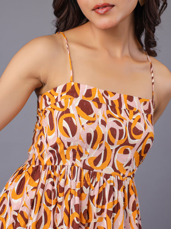 Beige and Brown Abstract Print Strappy Tiered Maxi Dress Neck