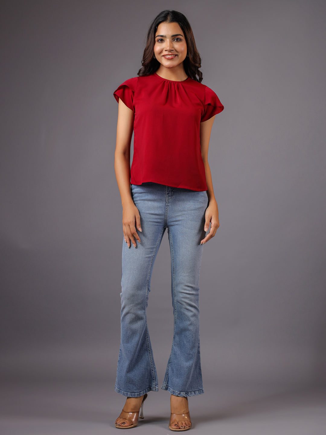 Solid Red Petal Sleeve Top Full Front