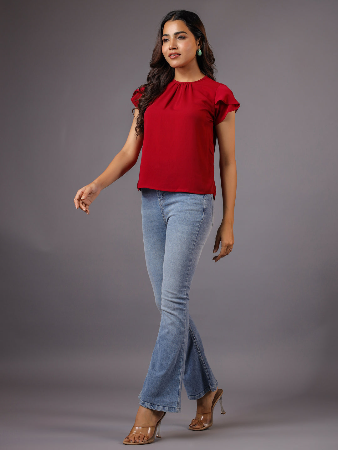 Solid Red Petal Sleeve Top Full Side