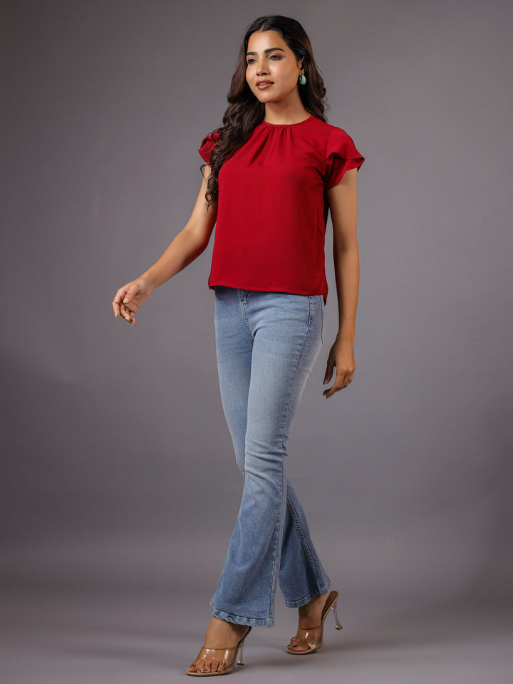 Solid Red Petal Sleeve Top Full Side