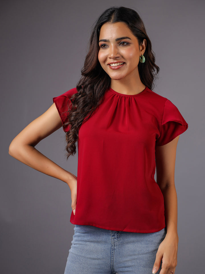 Solid Red Petal Sleeve Top Portrait