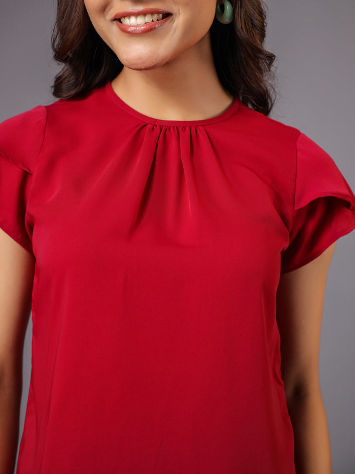 Solid Red Petal Sleeve Top Neck Detailing