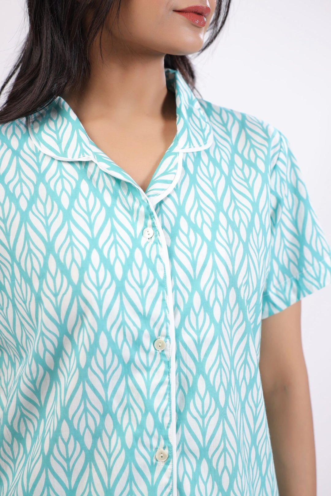 Serene Sleepwear Blue Printed Night Dress Collar Detailing