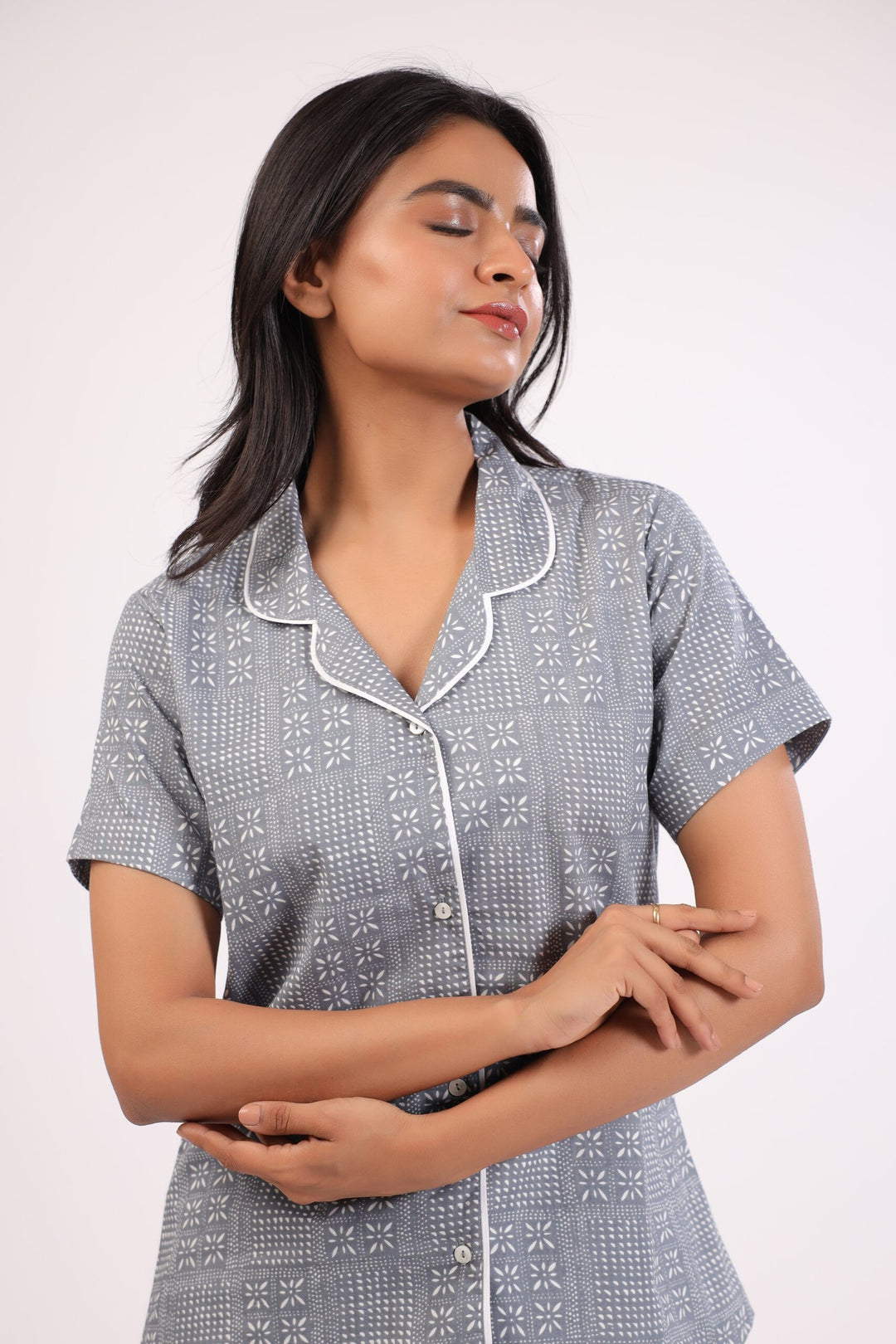 Serene Sleepwear Grey Printed Night Dress Portrait