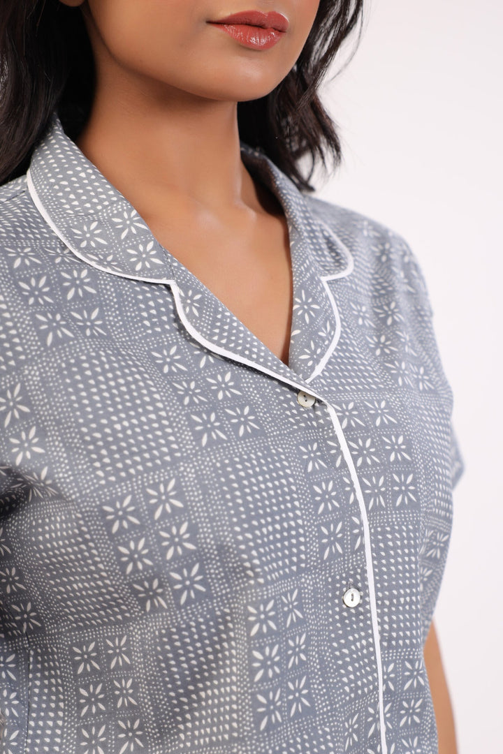 Serene Sleepwear Grey Printed Night Dress Collar Detailing
