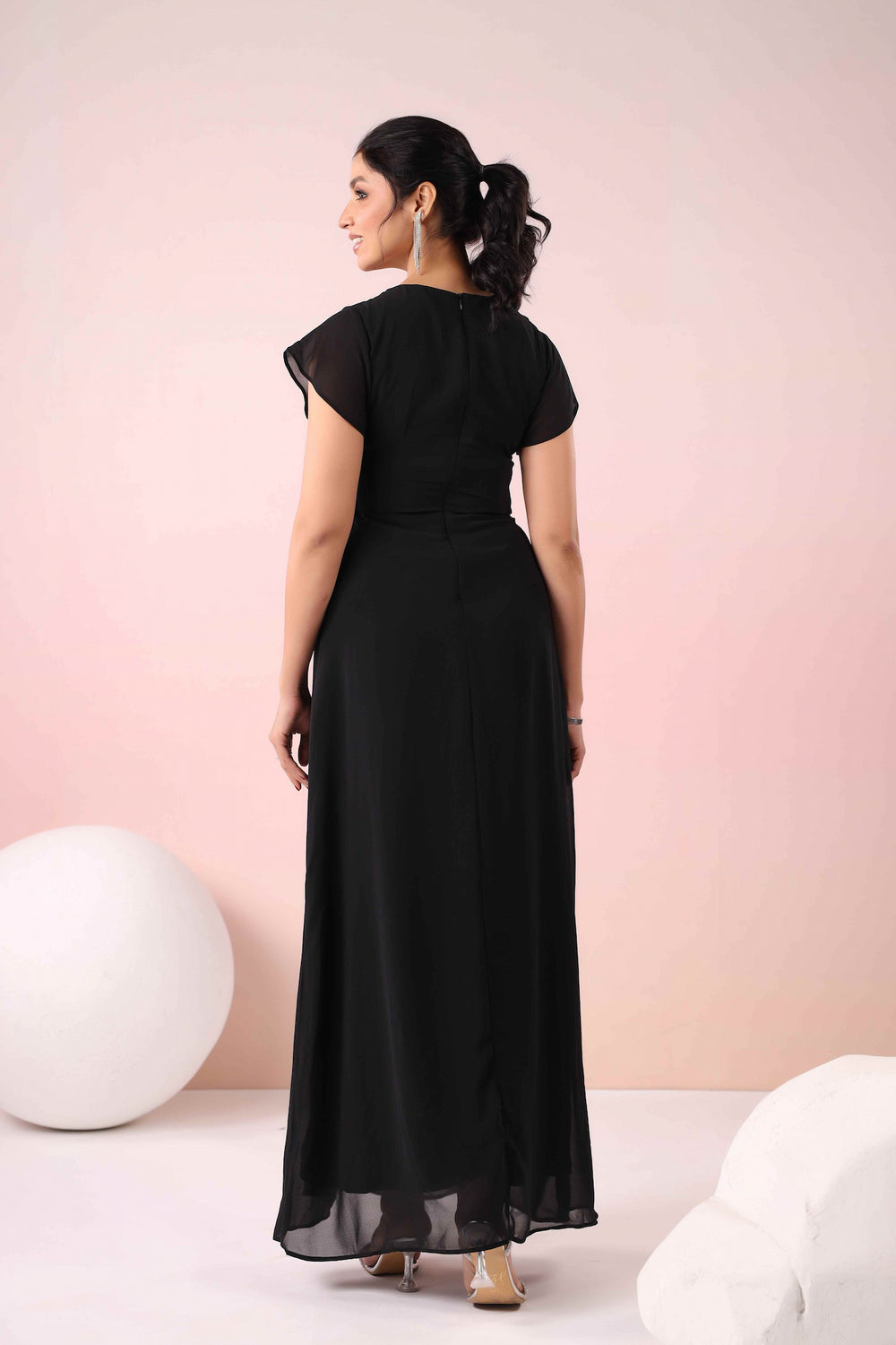 Black Maxi Dress - Waist Cutout Back