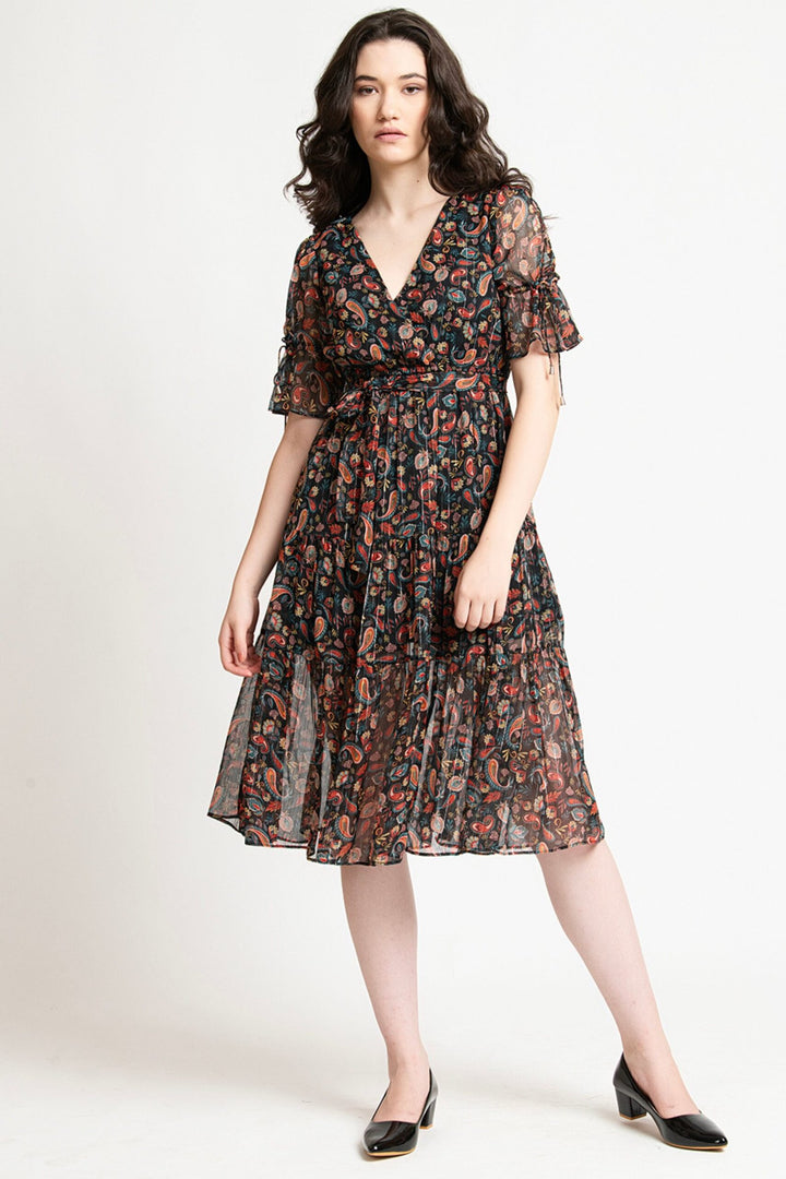 Black Floral Lurex V Neck Part Dress Front