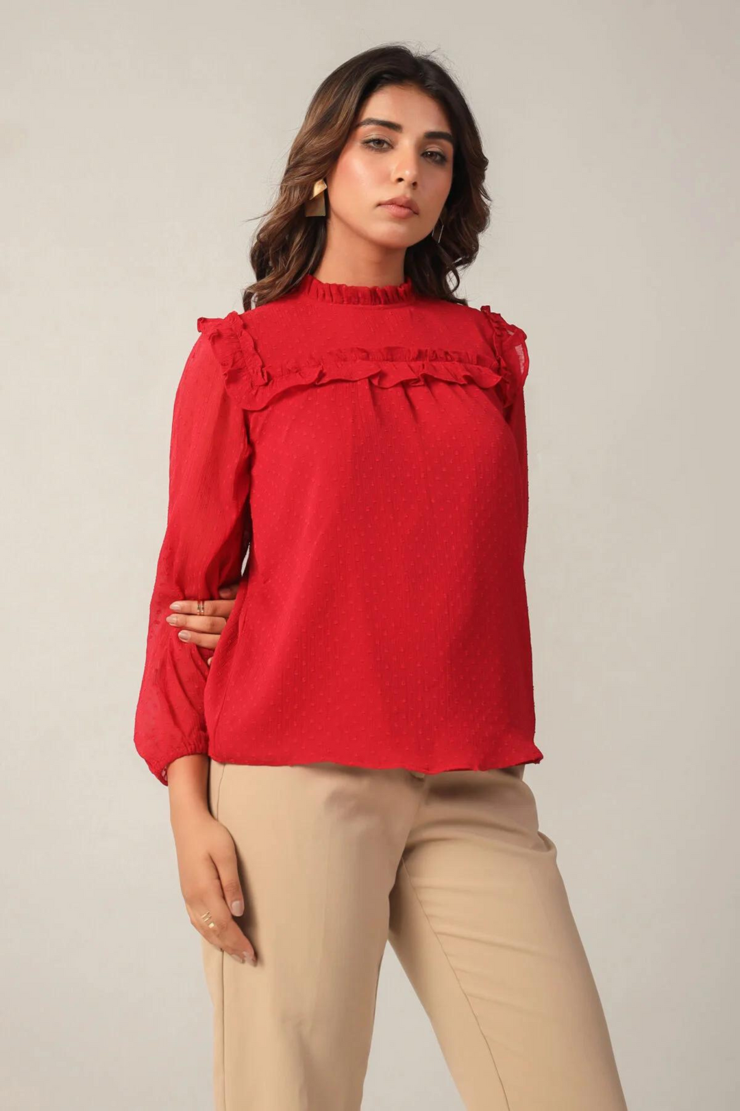 Red Ruffle Chiffon Top Front