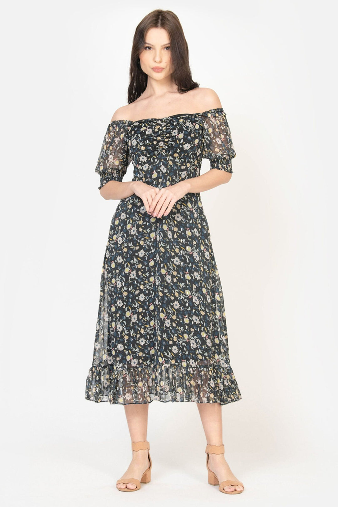 Black Chiffon Lurex Midi Dress Front