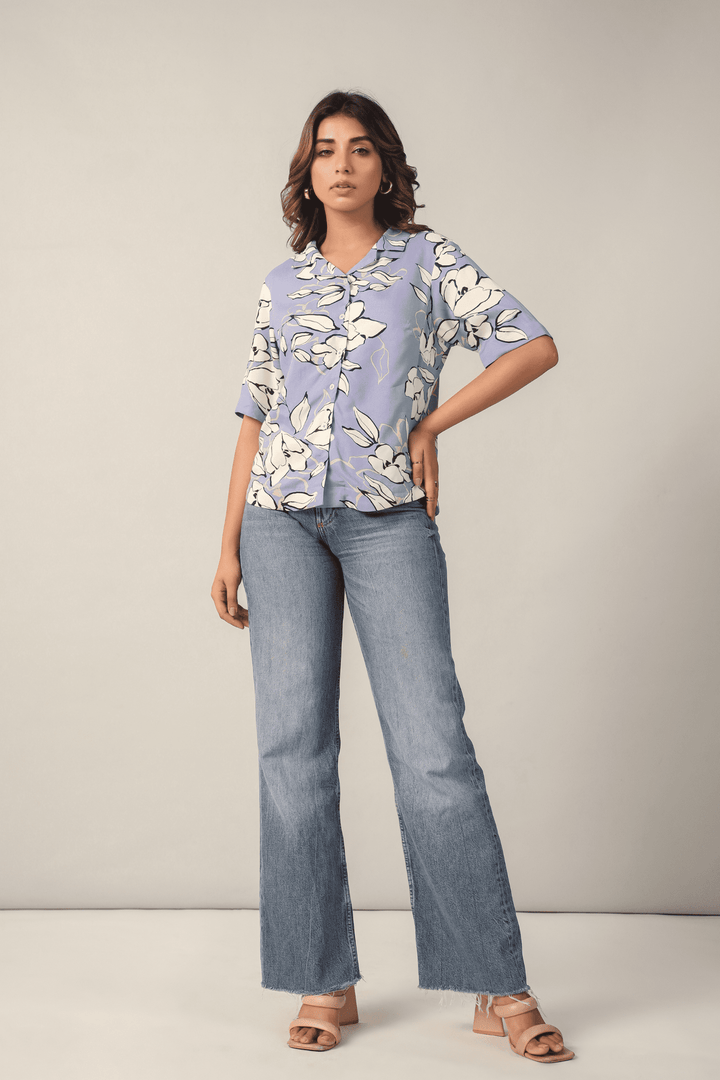Lavender Floral Short Sleeves Shirt Front