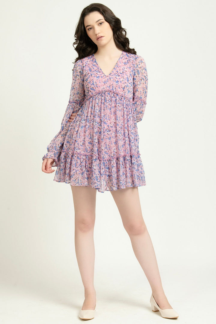Purple Floral Skater Mini Dress Full Front