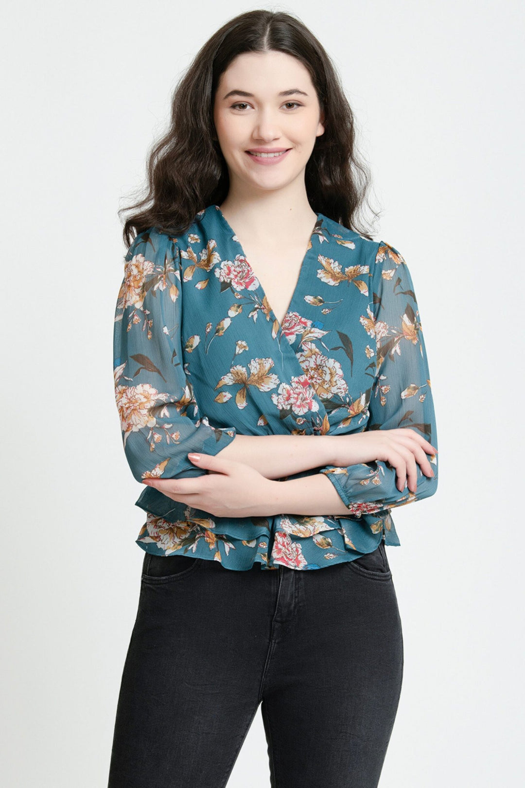 Stylish Green Chiffon Printed A-Line Top Front