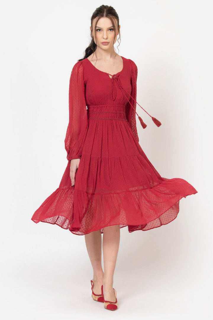Red Dobby V Neck Fit and Flare Midi Dress