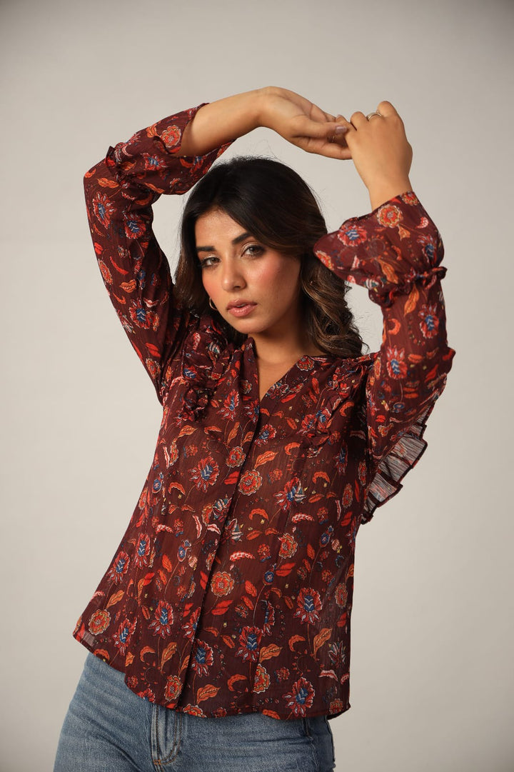 Brown Floral Button Down Collar Full Sleeves Shirt
