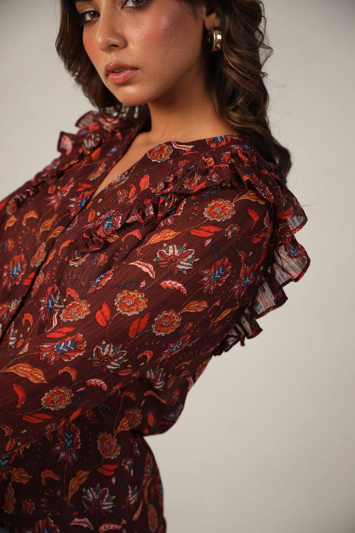 Brown Floral Button Down Collar Full Sleeves Shirt