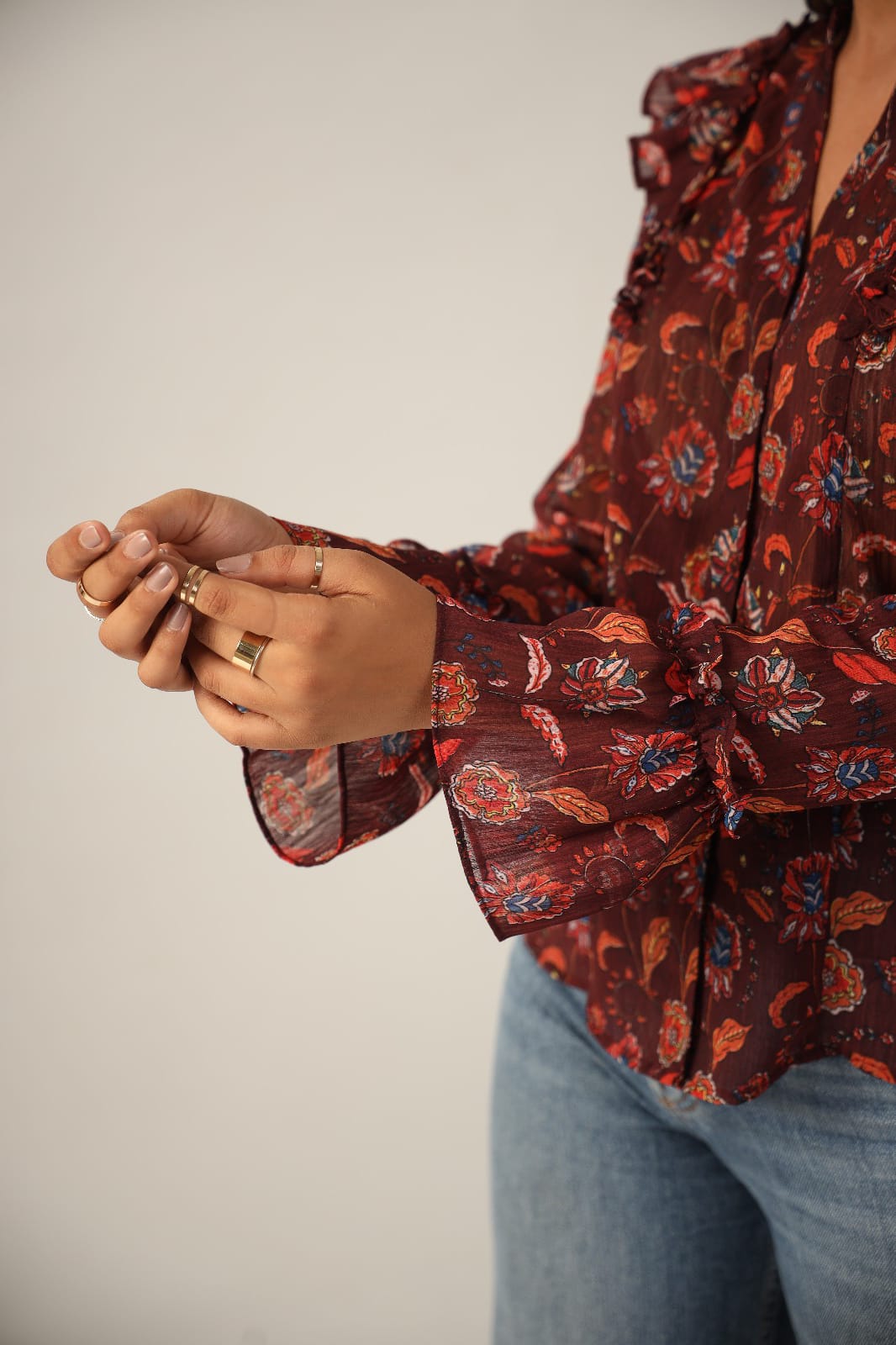 Brown Floral Button Down Collar Full Sleeves Shirt