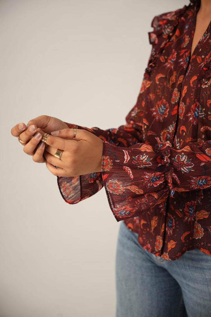 Brown Floral Button Down Collar Full Sleeves Shirt