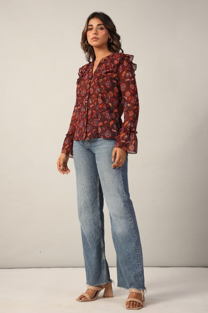 Brown Floral Button Down Collar Full Sleeves Shirt