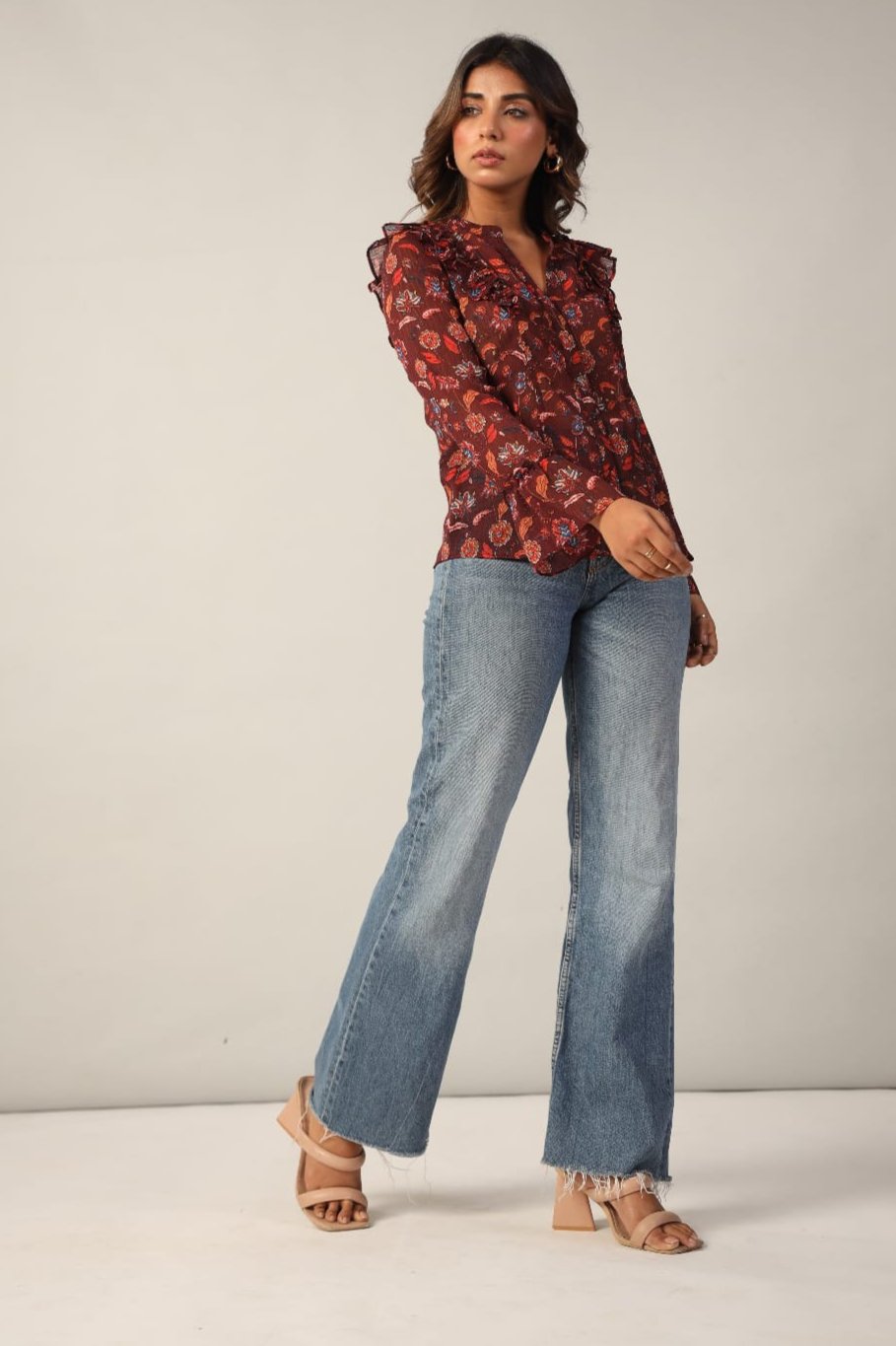 Brown Floral Button Down Collar Full Sleeves Shirt Full Side Front