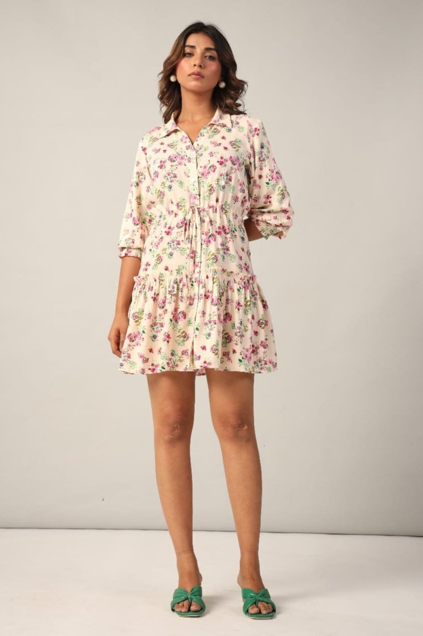 Rayon Ditsy Floral Collar Short Dress Full Front