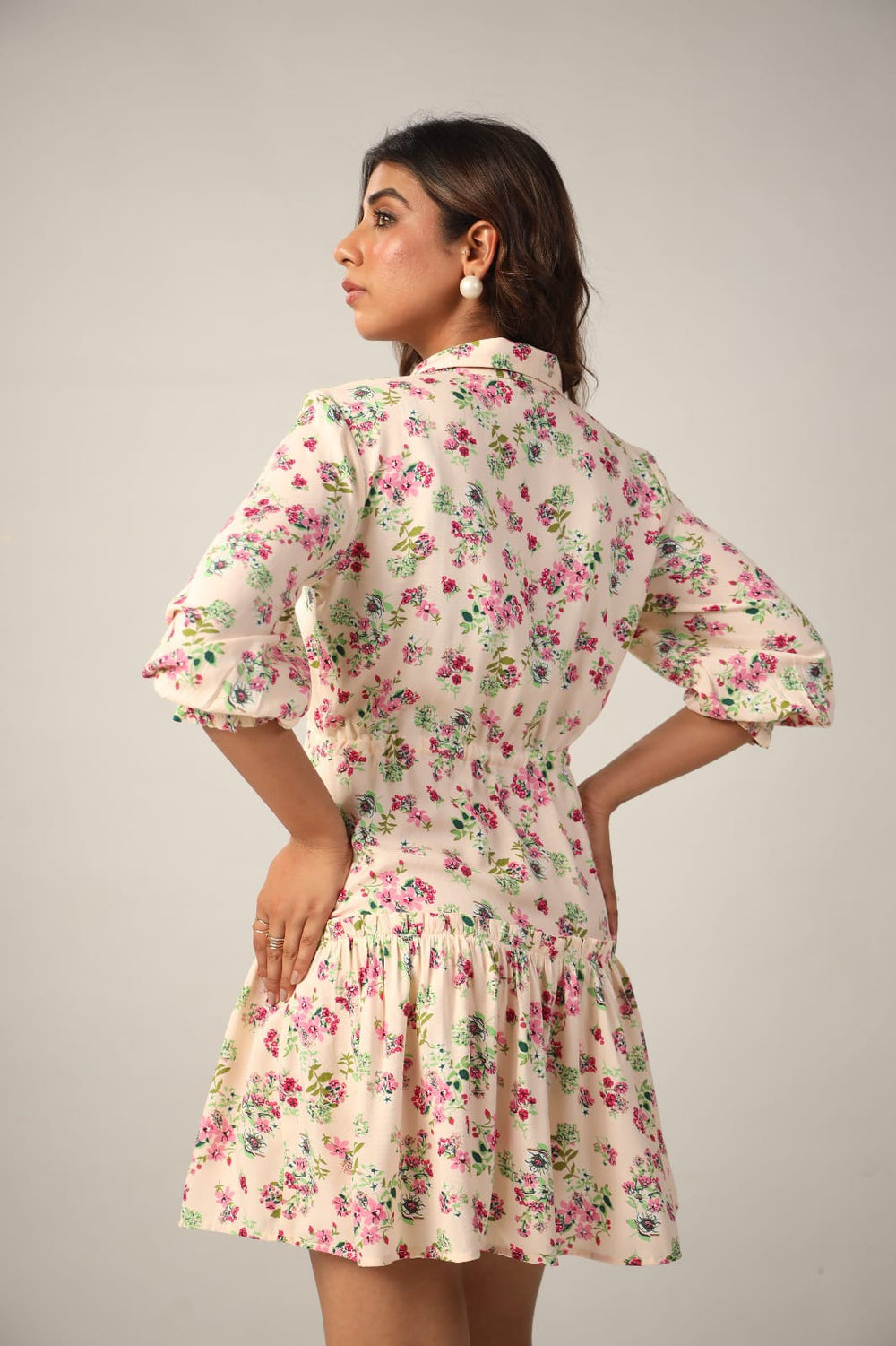 Rayon Ditsy Floral Collar Short Dress Side Back