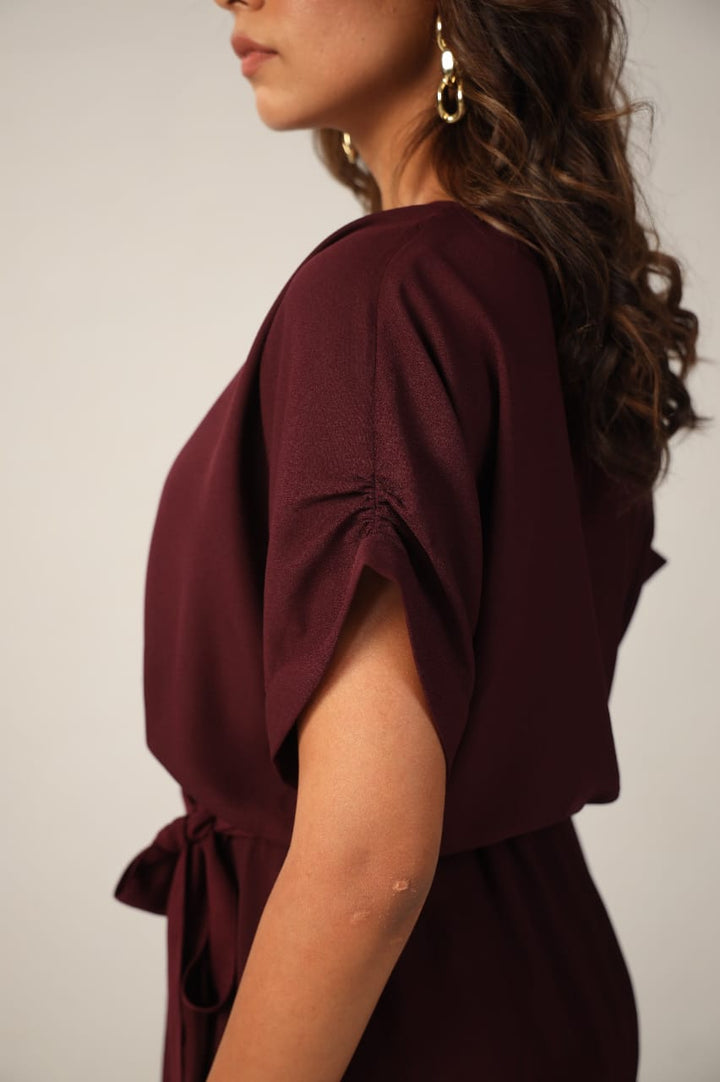 Wine V Neck Cinched Waist Mini Dress