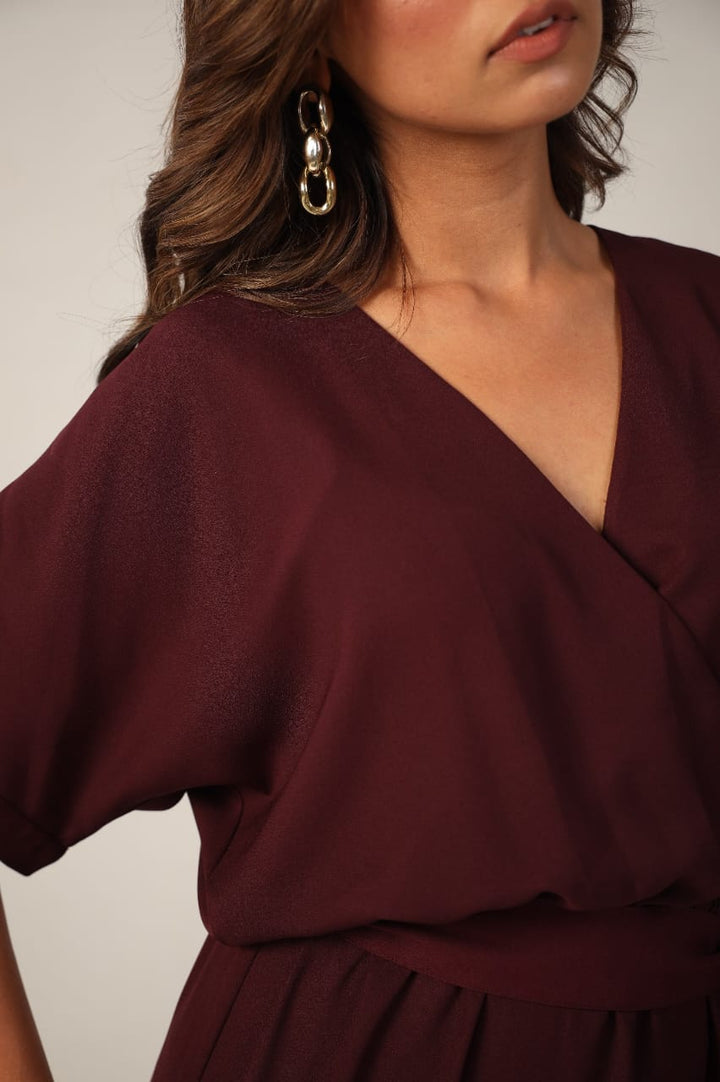 Wine V Neck Cinched Waist Mini Dress