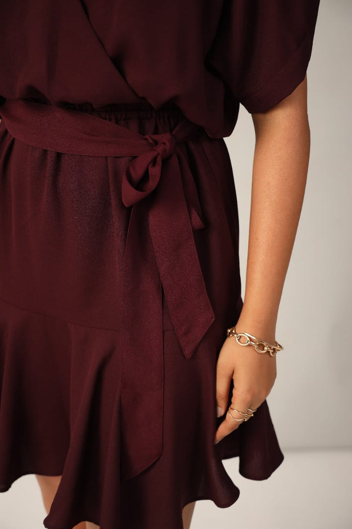 Wine V Neck Cinched Waist Mini Dress